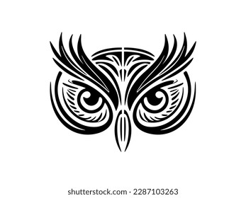 ﻿Black and white owl tattoo featuring Polynesian style patterns.