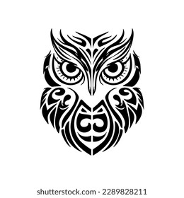 Black and white owl tattoo featuring Polynesian designs.