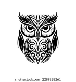 ﻿Black and white owl tattoo featuring Polynesian designs.