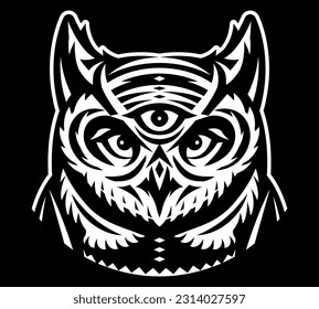 White owl totem head with a third eye on a black background. Vector monochrome illustration. Template for design.