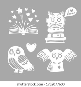 White Owls on gray application. Cute cartoon silhouette. Creative sign or logo. Vector Owl cut paper style.