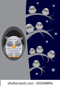 White owls sitting on branches at the night and a big one sleeping in tree hole. Cartoon illustration with dark background and stars.