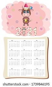 White ox calendar for 2021 with kawaii cartoon bull or cow, New Year character, cute characters. Week Starts Sunday