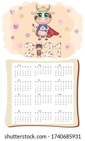 White ox calendar for 2021 with kawaii cartoon bull or cow, New Year character, cute characters. Week Starts Sunday