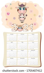 White ox calendar or planner for 2021 with kawaii cartoon bull, bull or cow, New Year character, cute characters. Week Starts Sunday