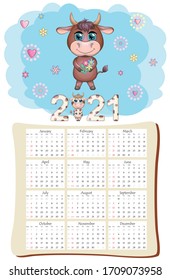 White ox calendar or planner for 2021 with kawaii cartoon bull, bull or cow, New Year character, cute characters. Week Starts Sunday