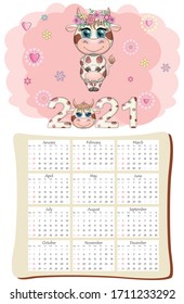 White ox calendar or planner for 2021 with kawaii cartoon bull, bull or cow, New Year character, cute characters. Week Starts Sunday