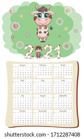 White ox calendar or planner for 2021 with kawaii cartoon bull, bull or cow, New Year character, cute characters. Week Starts Sunday