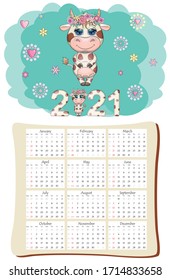 White ox calendar or planner for 2021 with kawaii cartoon bull, bull or cow, New Year character, cute characters. Week Starts Sunday