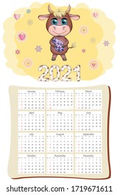 White ox calendar or planner for 2021 with kawaii cartoon bull, bull or cow, New Year character, cute characters. Week Starts Sunday