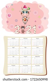 White ox calendar or planner for 2021 with kawaii cartoon bull, bull or cow, New Year character, cute characters. Week Starts Sunday