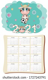 White ox calendar or planner for 2021 with kawaii cartoon bull, bull or cow, New Year character, cute characters. Week Starts Sunday