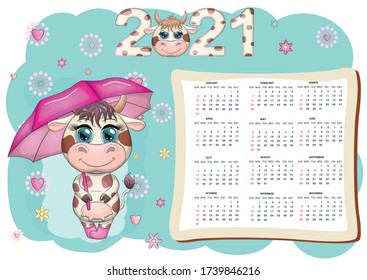 White ox calendar or planner for 2021 with kawaii cartoon bull, bull or cow, New Year character, cute characters. Week Starts Sunday