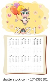 White ox calendar or planner for 2021 with kawaii cartoon bull or cow, New Year character, cute characters. Week Starts Sunday