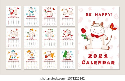 White ox calendar or planner A4 format for 2021 with kawaii cartoon ox, bull or cow, symbol of new year, cute characters - Cover and 12 monthly pages. Week starts on Monday, vector editable template