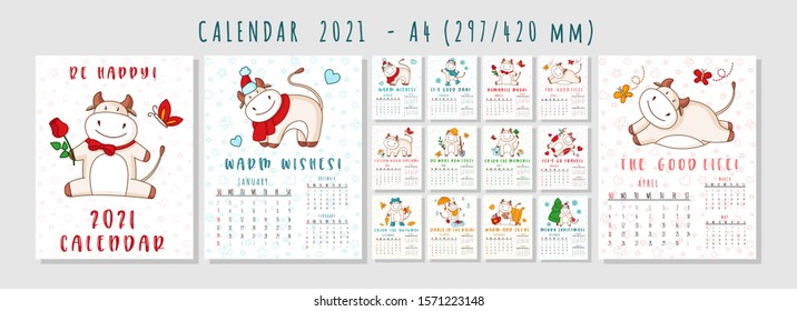 White ox calendar or planner A4 format for 2021 with kawaii cartoon ox, bull or cow, symbol of new year, cute characters - Cover and 12 monthly pages. Week starts on Monday, vector editable template