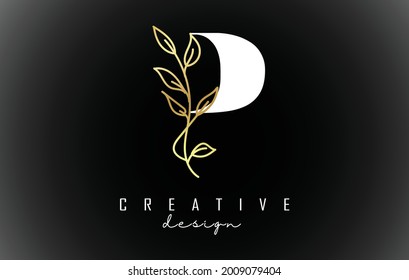 White P letter logo design with golden leaves branch vector illustration. Creative and elegant icon with letter P.