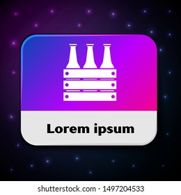 White Pack of beer bottles icon isolated on black background. Wooden box and beer bottles. Case crate beer box sign. Rectangle color button. Vector Illustration
