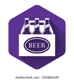 White Pack of beer bottles icon isolated with long shadow. Case crate beer box sign. Purple hexagon button. Vector Illustration
