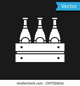 White Pack of beer bottles icon isolated on black background. Wooden box and beer bottles. Case crate beer box sign.  Vector Illustration