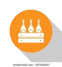 White Pack of beer bottles icon isolated on white background. Wooden box and beer bottles. Case crate beer box sign. Orange circle button. Vector Illustration