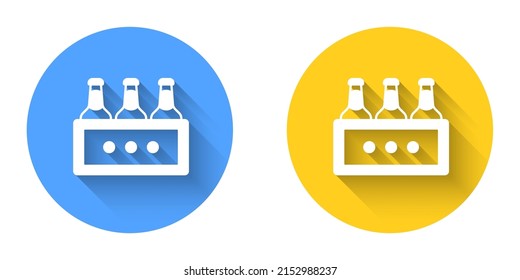 White Pack of beer bottles icon isolated with long shadow background. Wooden box and beer bottles. Case crate beer box sign. Circle button. Vector
