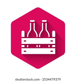 White Pack of beer bottles icon isolated with long shadow background. Wooden box and beer bottles. Case crate beer box sign. Pink hexagon button. Vector