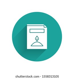 White A pack full of seeds of a specific plant icon isolated with long shadow. Green circle button. Vector Illustration