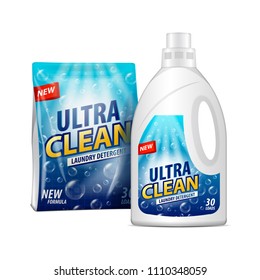 White package and bottle with label design. Laundry detergent package template. Chemical pack vector 3d illustration for your design