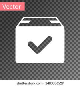 White Package box with check mark icon isolated on transparent background. Parcel box with checkmark. Approved delivery or successful package receipt.  Vector Illustration