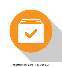 White Package box with check mark icon isolated on white background. Parcel box with checkmark. Approved delivery or successful package receipt. Orange circle button. Vector Illustration