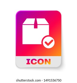 White Package box with check mark icon isolated on white background. Parcel box with checkmark. Approved delivery or successful package receipt. Rectangle color button. Vector Illustration