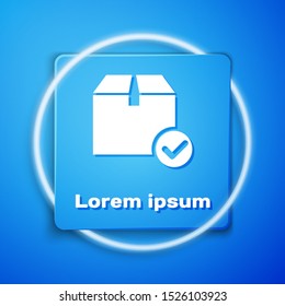 White Package box with check mark icon isolated on blue background. Parcel box with checkmark. Approved delivery or successful package receipt. Blue square button. Vector Illustration