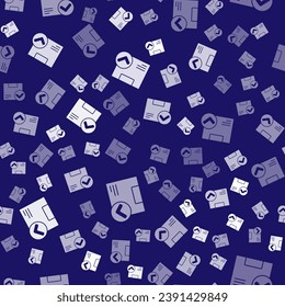 White Package box with check mark icon isolated seamless pattern on blue background. Parcel box. Approved delivery or successful package receipt.  Vector Illustration