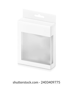 White package box with hang slot and transparent window mockup for electronic accessories. Half side view. Vector illustration isolated on white background. Ready and simple to use for your design.