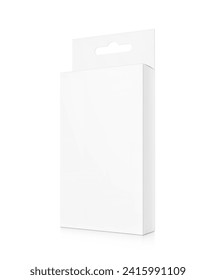 White package box with hang slot mockup for electronic and mobile accessories. Half side view. Vector illustration isolated on white background. Ready and simple to use for your design. EPS10.