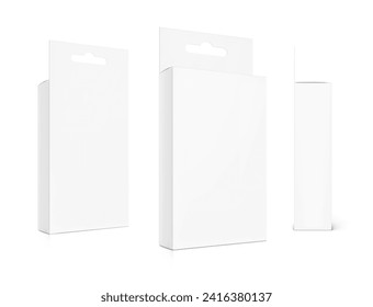 White package box with hang slot mockup for electronic and mobile accessories. Three side views. Vector illustration isolated on white background. Ready and simple to use for your design. EPS10.