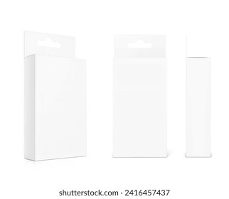 White package box with hang slot mockup for electronic and mobile accessories. Half side view. Vector illustration isolated on white background. Ready and simple to use for your design. EPS10. svg
