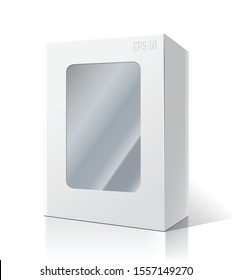 White package box with a transparent plastic window. Product Packing Vector.