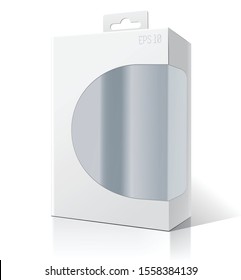 White package box with a transparent plastic window. Product Packing Vector.