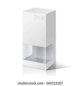 White package box with a transparent plastic window. Product Packing Vector.