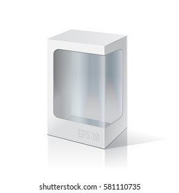 White package box with a transparent plastic window. Product Packing Vector.