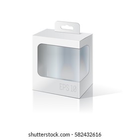 White package box with a transparent plastic window. Product Packing Vector.