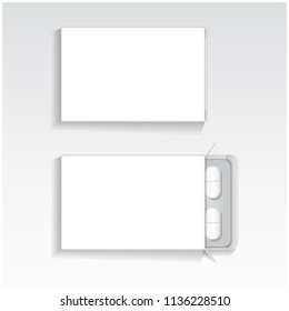 White package with oval tablets medicines mock up vector template. Painkillers, antibiotics, vitamins, aspirin tablets for your design
