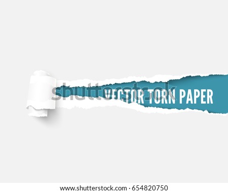 White package paper torn to reveal blue panel ideal for copy space. Advertising template with ripped paper with paper roll