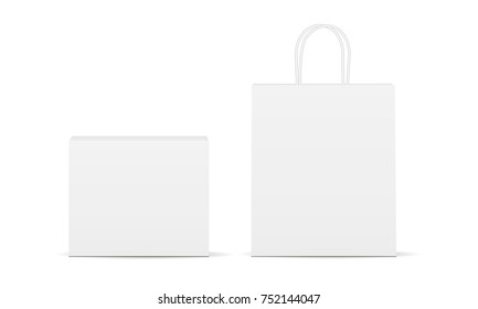 White package, rectangular box and bag with handles - front view. Blank isolated packaging mockups for design or branding. Vector illustration