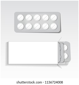 White package with tablets, blisters pack medicines mock up vector template. Painkillers, antibiotics, vitamins, aspirin tablets for your design