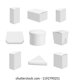 White packages. Realistic template of empty packs. Vector pack and package, packaging box cardboard illustration