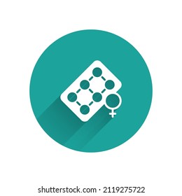 White Packaging of birth control pills icon isolated with long shadow background. Contraceptive pill. Green circle button. Vector