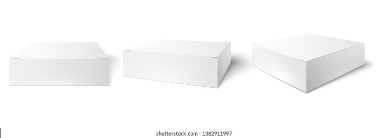 White packaging box. Blank mockup, package cube perspective view and consumer product boxes mockups 3d vector illustration set